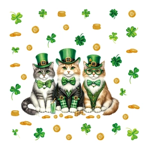 Adesivi murali San Patrizio con gatti con cappelli verdi quadrifogli e monete d'oro