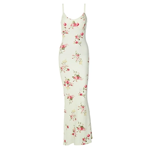 Slim fit floral print summer maxi dress with U-neck straps in light green and red flowers