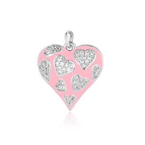 Macro shot of a silver heart pendant with pink enamel and diamond accents on white back