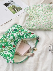 Floral canvas makeup bag set in green and mint patterns with smooth zipper and high capacity