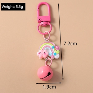Pink rainbow cloud keychain with bell detail showing 7.2cm length and 5.3g weight dimensions