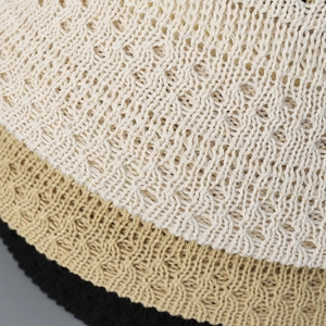 Hollow knit summer bucket hats for women in beige, light brown and black colors