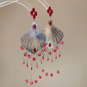Vintage palace style long tassel drop earrings with red crystal and silver镂空 design