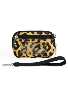 Detail showing leopard print card holder with transparent window and black wristlet strap