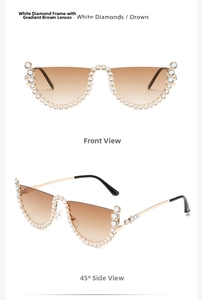 Detail view of cat eye sunglasses featuring sparkling rhinestones and gradient brown lenses