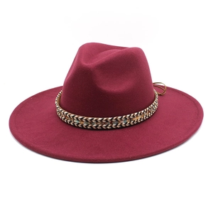 Classic burgundy wool wide brim fedora hat with a colorful woven ethnic band accent