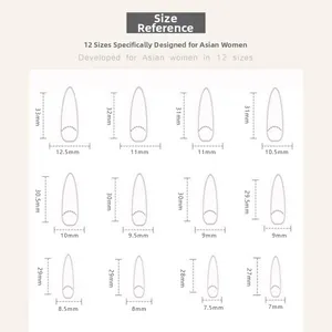 Size chart showing 12 almond-shaped artificial nail dimensions for a perfect fit