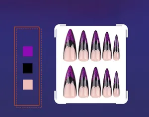 Detail of long almond purple glitter and black wavy press-on nails in various sizes