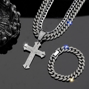 Iced out silver Cuban chain set with cross pendant necklace and matching bracelet for men