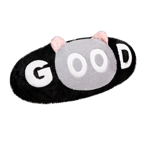 Cute black cat plush eye mask with pink ears and GOOD embroidery on soft faux fur