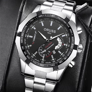 Detailed macro view of the ORUSS stainless steel chronograph watch with black dial and sub-dials
