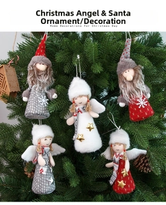 Detail of knit Christmas tree ornaments featuring plush angels and Santa gnomes