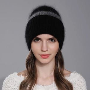 Berretto In Maglia A Righe Misto Pelo Di Coniglio Per Donna Inverno Caldo Spesso Morbido Bicolore Casual