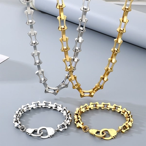 Men Stainless Steel Hip Hop Punk Handcuff Buckle Bone Link Chain Necklace And Bracelet Gold Silver Plated Fashion