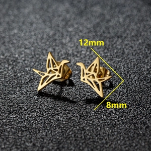Minimalist gold stainless steel crane earrings featuring a geometric origami bird design