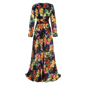 Detailed back view of a long-sleeved floral maxi dress with colorful art print