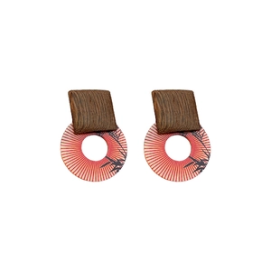 Retro geometric wood and resin drop earrings with pink bamboo silhouette pattern