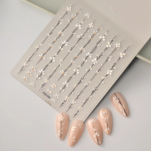 Minimalist 5D white daisy floral nail art stickers with embossed 3D flower petal designs