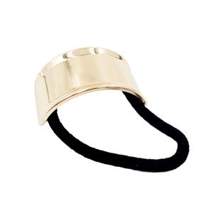 Elegant high-elastic black hair tie with polished gold metallic curved cover for ponytails