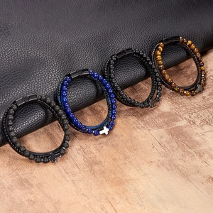 Multi-layer leather bracelet with natural volcanic stone and cross pendant for men