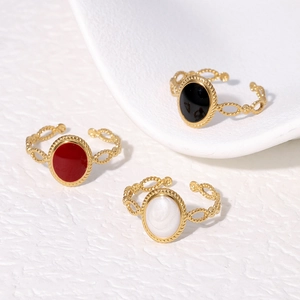 Vintage Adjustable Ring For Women 18K Gold Plated Stainless Steel French Style Oval Enamel Open Band Retro