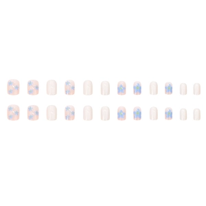 Short square press-on nails with cream blue flowers and translucent pink finish
