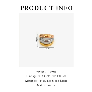 Dimensioni dettagliate dell'anello tricolore in acciaio 316L placcato in oro 18K PVD