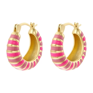 Rainbow U-shaped gold hoop earrings with pink enamel stripes for a trendy aesthetic