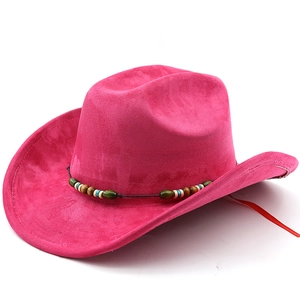 Rose red suede cowboy hat with colorful beaded band shown on white background