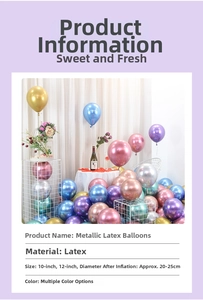 Detailed view of 10 inch thick metallic latex balloons in various colors for party decor