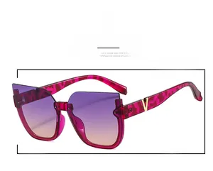 Detail close-up of cat-eye sunglasses featuring leopard frame and gold V-shaped metal accent