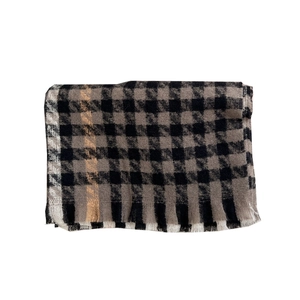 Écharpe pliée à motif pied-de-poule et franges en noir, gris et beige élégant