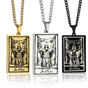 Detailed comparison of rectangle Justice Tarot necklaces in gold, silver and black finishes