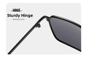 Close-up of durable metal hinge and mirror axis on polarized black sunglasses