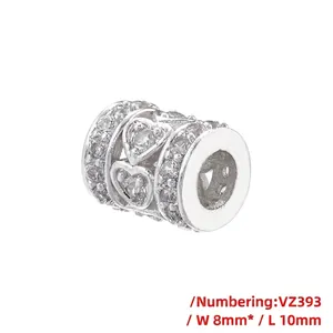 Detailed view of hollow heart cylinder charm in S925 silver with white zircon pavé