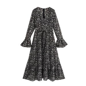 Floral Maxi Dress Polyester Deep V-Neck Long Flare Sleeve High Waist Elegant French Retro Style For Women