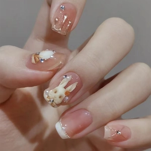 Press On Nails Cute 3D Bunny Artificial Pearl Rhinestone Bow Pink Glossy French Style False Nails For Women