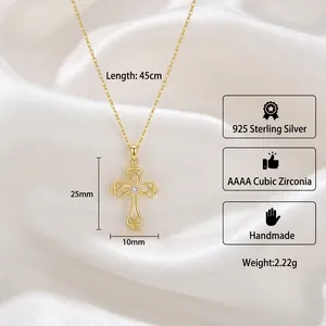 S925 Sterling Silver Celtic Knot Cross Necklace with Zirconia center on silk background