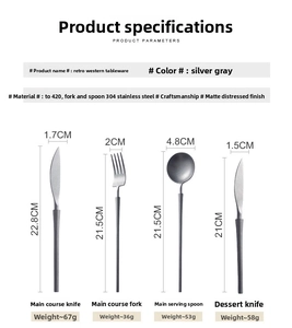 Size chart showing 304 stainless steel matte silver cutlery set with precise dimensions
