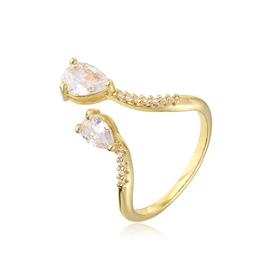 Adjustable 18K gold-plated irregular geometric ring with drop-shaped cubic zirconia stones