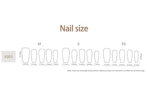 Detailed size guide for pink star press-on nails with S, M, and XS measurements
