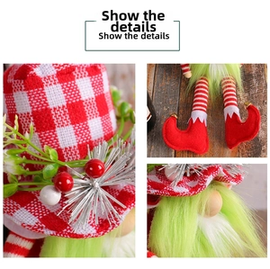 Close-up of Christmas gnome details showing plaid hat fabrics and long green beard texture