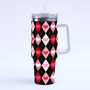 40oz stainless steel tumbler with handle and heart pattern argyle design for Valentine's Day