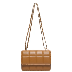 Brown quilted PU leather crossbody bag with golden chain strap for women