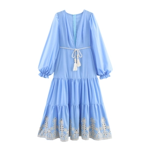 Light Blue Maxi Dress Long Sleeve Polyester Square Neck Embroidered Hem Rope Belt Tassel Wood Beads Vacation Style Tiered Skirt