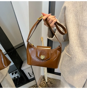 Detail of vintage brown patent leather shoulder bag with gold square buckle and zipper