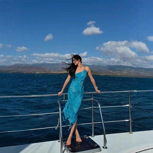 One-shoulder tie-dye chiffon maxi dress in teal blue for beach vacation and cruises