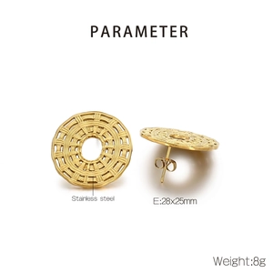 Detailed view of 18K gold plated stainless steel oval earrings with woven mesh texture