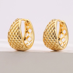 Vintage Copper Hoop Earrings Real Gold Plated Hollow Diamond Lattice Mesh Texture Small Trendy For Women