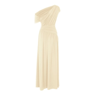 Detail showing the elegant single shoulder neckline and pleated texture of the beige dress